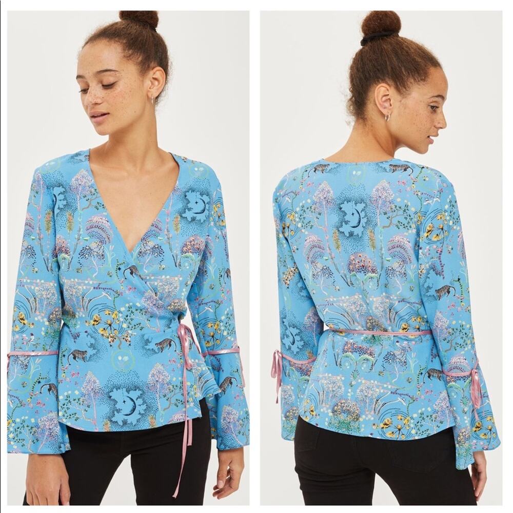 Topshop Magical Blue Leopard Fairy Print Wrap Floral Magic Peplum Blouse Size 4